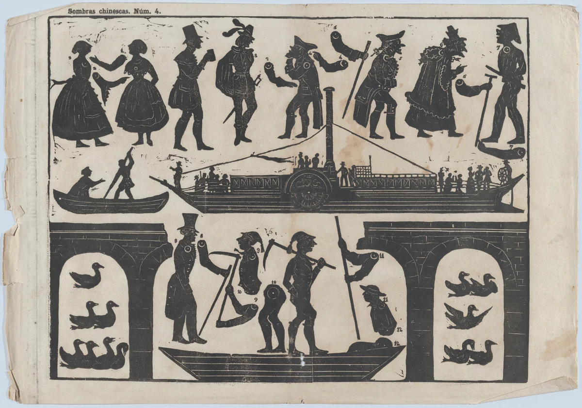 Sheet 4 of figures for Chinese shadow puppets by Juan Llorens, print, 1845-1855
