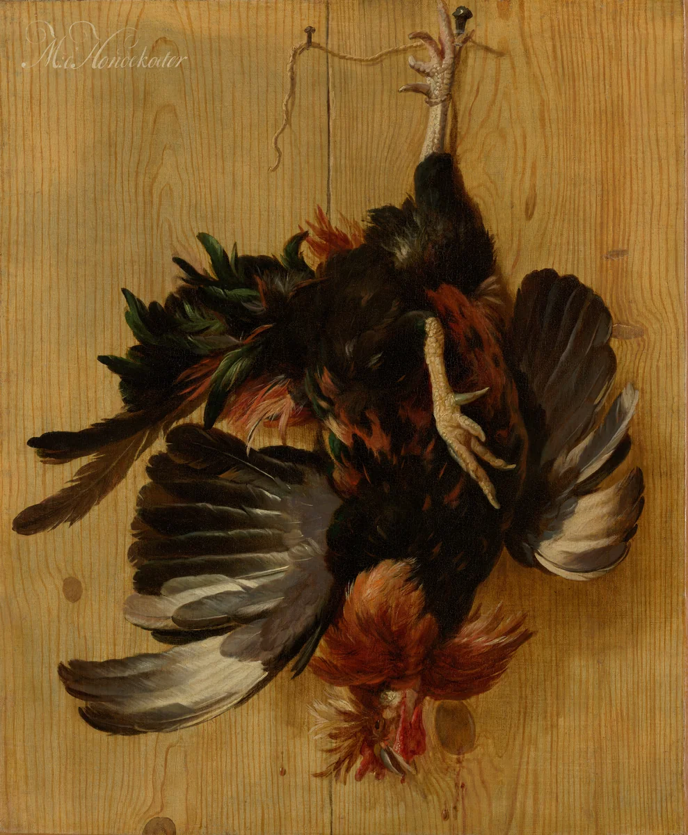 Dead Cock Hanging from a Nail by Melchior d' Hondecoeter, painting, 1670