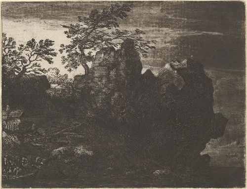 The Large Rock at the River by Allart van Everdingen, print, 1621-1675