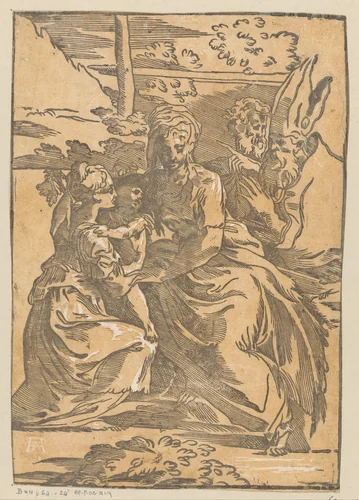 Vrouwelijke heilige ontvangt het Christuskind by Unknown, print, 1568-1629