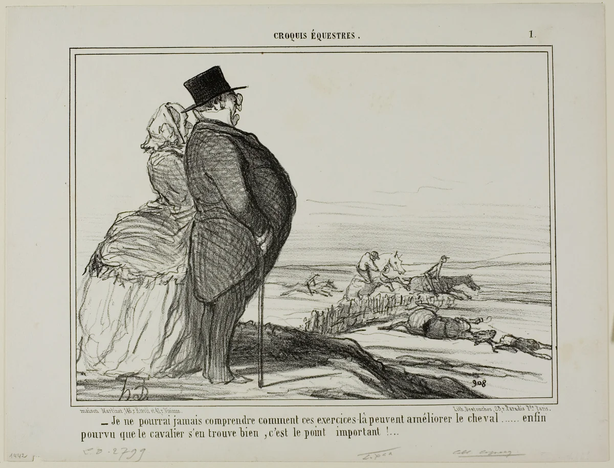“- I'll never understand, how these exercises are supposed to ameliorate the condition of a horse..... the only thing that really counts is that the horseman feels good,” plate 1 from Croquis Équestres by Honoré-Victorin Daumier, print, 1856