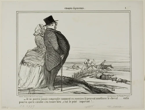 “- I'll never understand, how these exercises are supposed to ameliorate the condition of a horse..... the only thing that really counts is that the horseman feels good,” plate 1 from Croquis Équestres by Honoré-Victorin Daumier, print, 1856