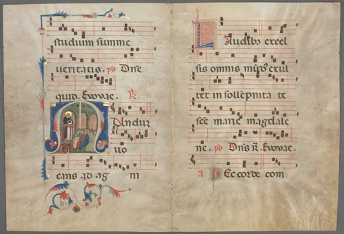 Bifolium from an Antiphonary: Initial M with Saint Dominic Preaching by Primo Miniatore di San Domenico, manuscript, 1320-1340
