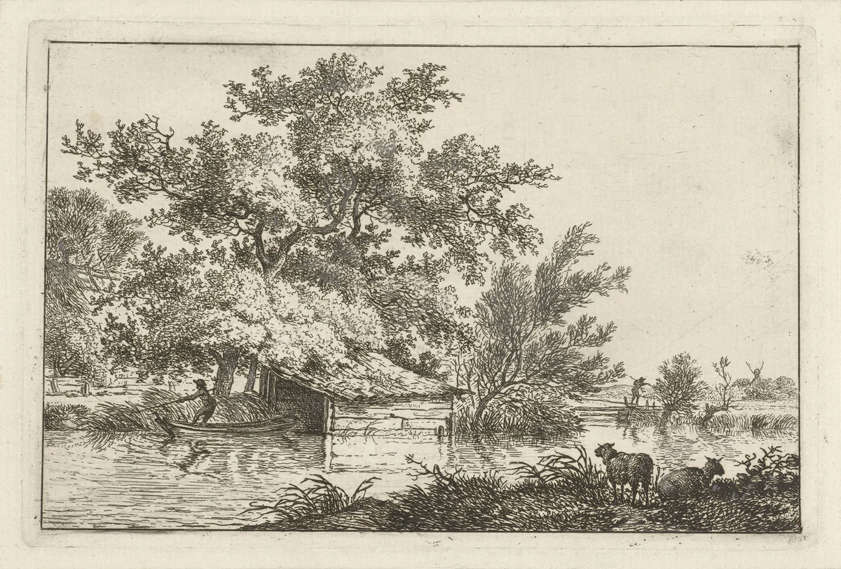 Schuitje bij boothuis by Hermanus Fock, print, 1781-1822