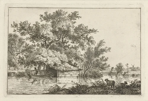 Schuitje bij boothuis by Hermanus Fock, print, 1781-1822