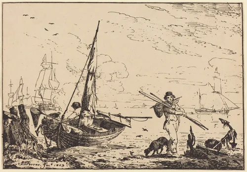 Marine: Fishing Boats on Shore, Man with Oars, Ship in Distance by John Thomas Serres, print, 1803