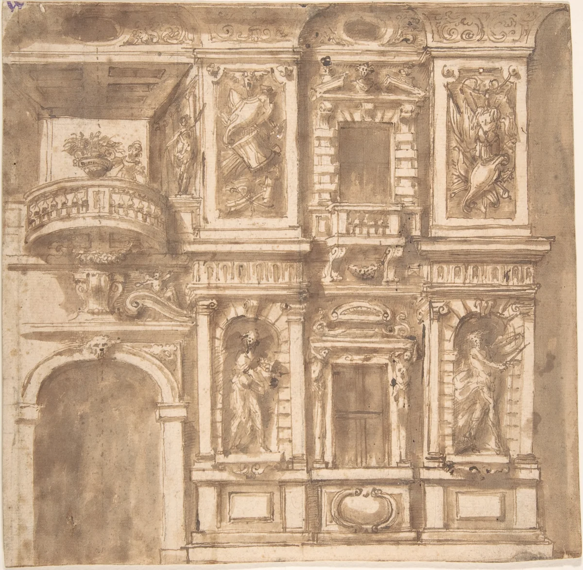 Design for a Façade with Statues in Niches and Armorial Trophies by anonymous, drawing, 1600-1699