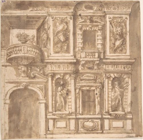 Design for a Façade with Statues in Niches and Armorial Trophies by anonymous, drawing, 1600-1699