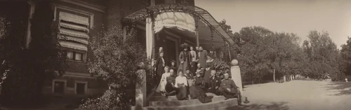 Countess Meindorf, Duke of Oldenburg Alexander Petrovich, Grand Duchess Olga Alexandrovna and Members of the Oldenburg Clan, Posing on Steps at Oldenburg Estate, Ramon by Unidentified Photographer, photograph, 1904