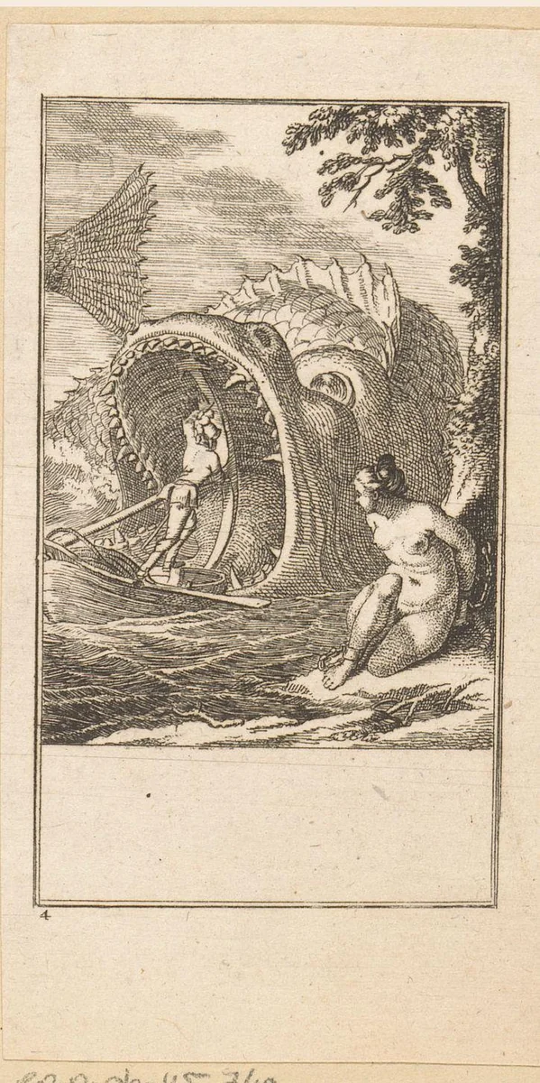 Ruggiero redt Bradamante van het zeemonster by Louis Wilhelm Chodowiecki, print, 1771-1772