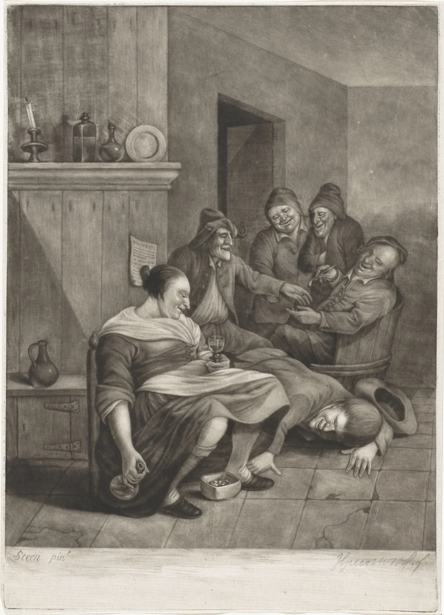 Herbergscène met een boer die onder de rok van een vrouw probeert te kijken by John Greenwood, print, 1739-1792