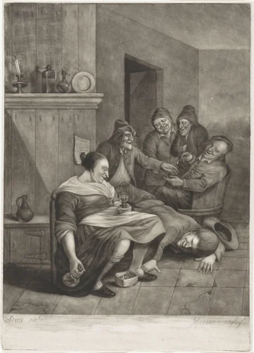 Herbergscène met een boer die onder de rok van een vrouw probeert te kijken by John Greenwood, print, 1739-1792