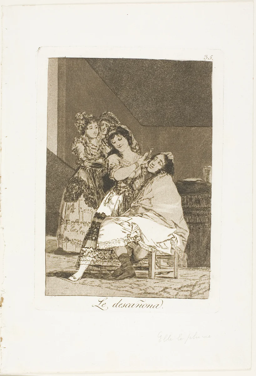 She Fleeces him, plate 35 from Los Caprichos by Francisco José de Goya, print, 1797-1799