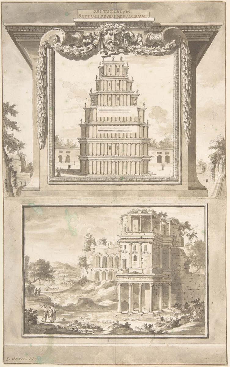 Reconstruction of the Monument to Septimius Severus (above), View of the Ruins (below) by Jan Goeree, drawing, 1690-1704