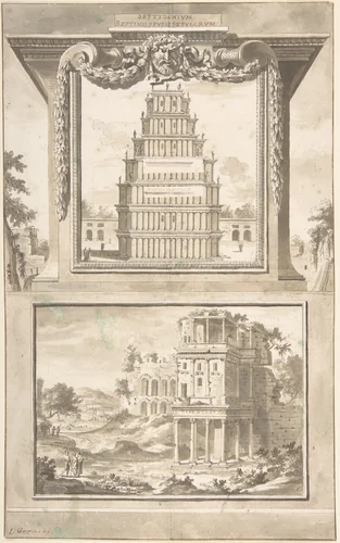 Reconstruction of the Monument to Septimius Severus (above), View of the Ruins (below) by Jan Goeree, drawing, 1690-1704