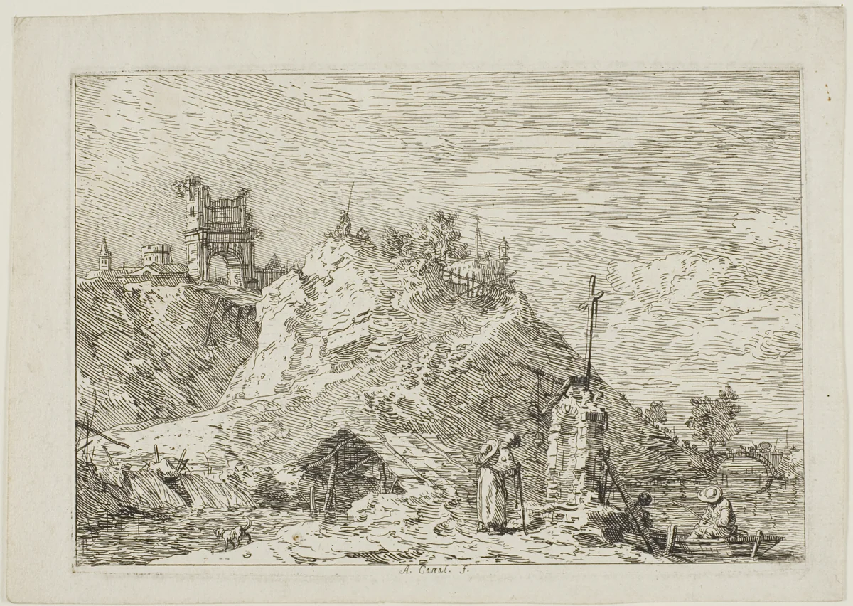 Landscape with the Pilgrim at Prayer, from Vedute by Canaletto, print, 1735-1744