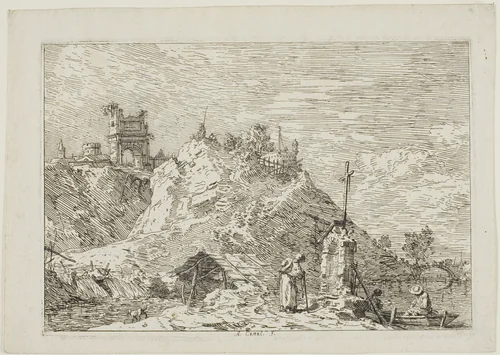 Landscape with the Pilgrim at Prayer, from Vedute by Canaletto, print, 1735-1744
