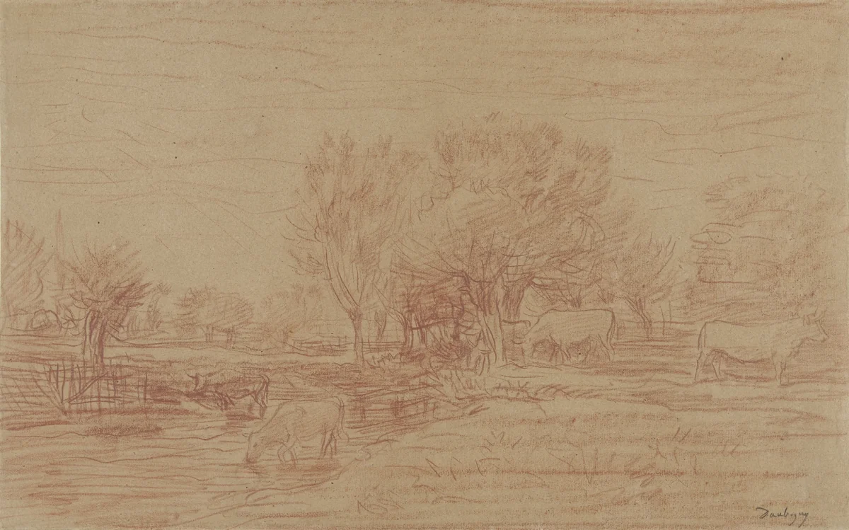 Landschap met grazende en drinkende koeien en een toekijkende stier by Charles-François Daubigny, drawing, 1827-1878