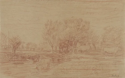Landschap met grazende en drinkende koeien en een toekijkende stier by Charles-François Daubigny, drawing, 1827-1878