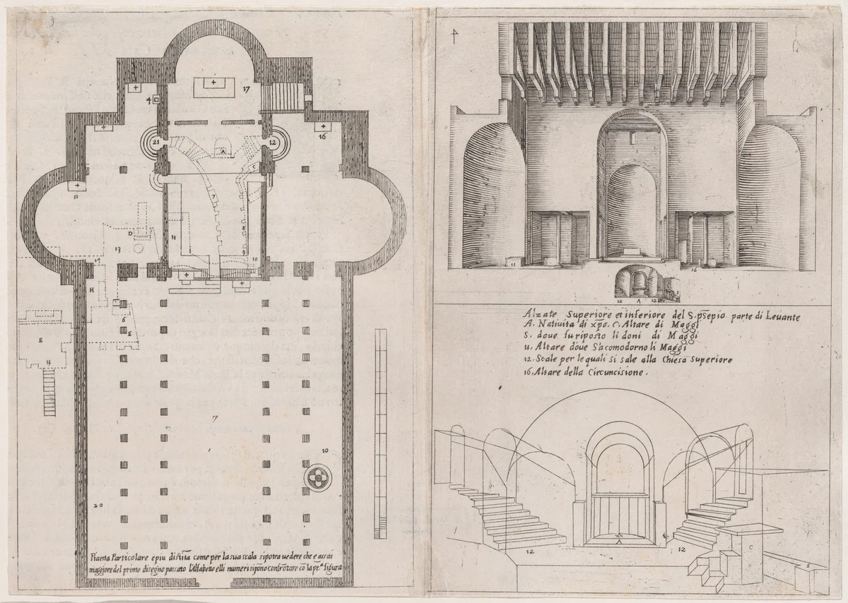 Plates 3 and 4, from "Trattato delle Piante & Immagini de Sacri Edifizi di Terra Santa" (Treatise of the Plans & Images of the Sacred Buildings of the Holy Land) by Jacques Callot, print, 1620