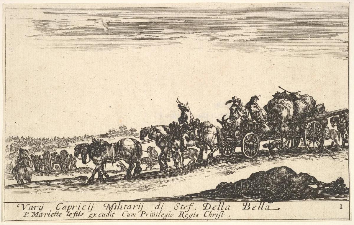 Plate 1: A horse drawn cart carrying people and goods, dead horse in the foreground, from "Various Military Caprices" (Varii capricci militari) by Stefano della Bella, print, 1641