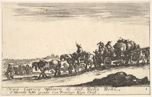 Plate 1: A horse drawn cart carrying people and goods, dead horse in the foreground, from "Various Military Caprices" (Varii capricci militari) by Stefano della Bella, print, 1641