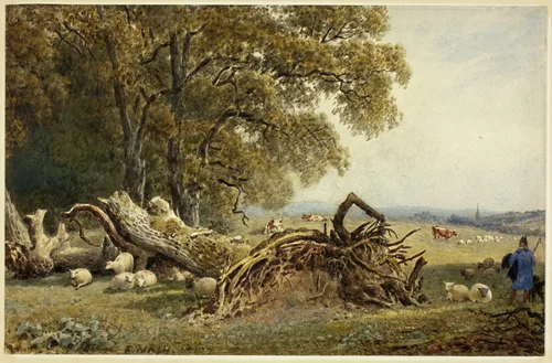 Sheep, Cows, and Herdsman by Uprooted Tree by Frederick Nash, painting, 1802-1856