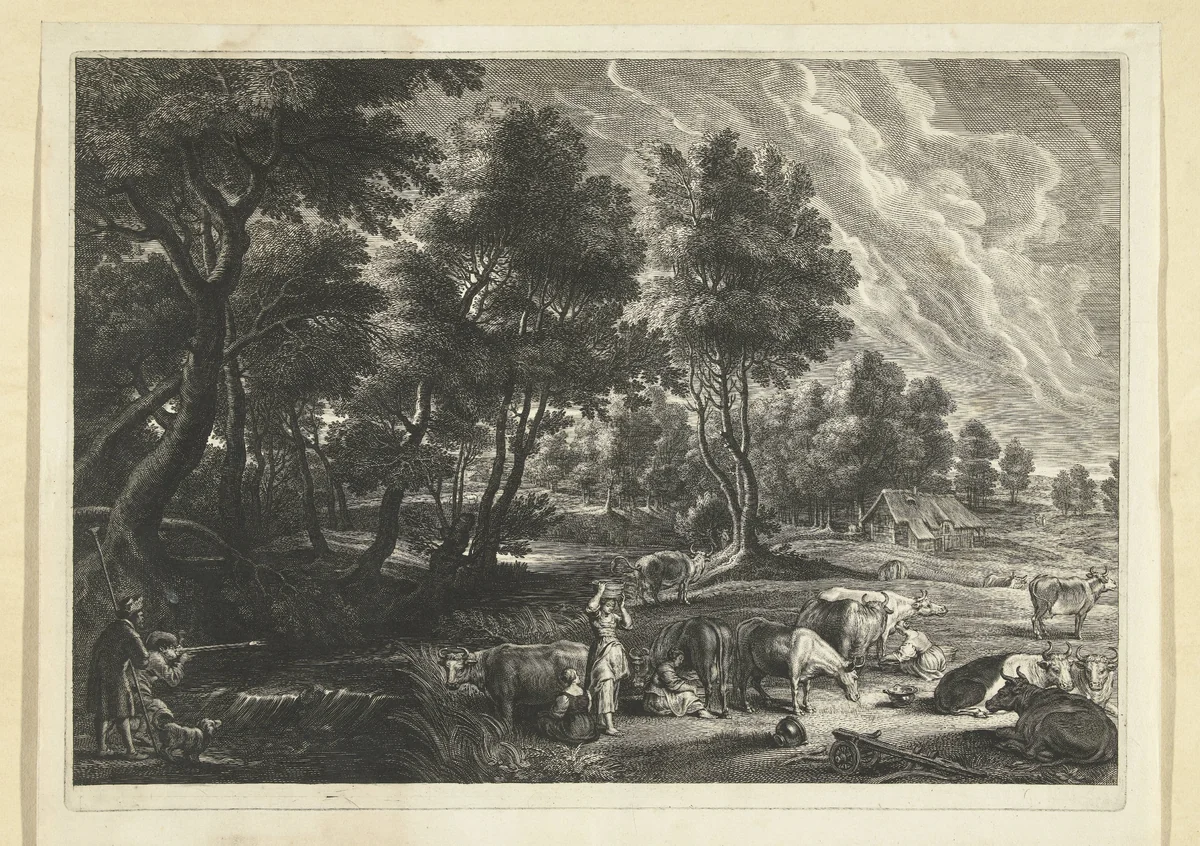 Landschap met melkmeisjes en koeien en jagers by Schelte Adamsz. Bolswert, print, 1596-1659