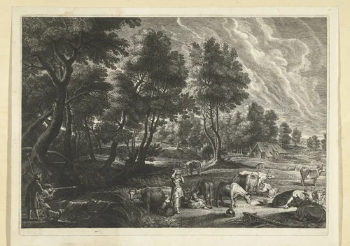Landschap met melkmeisjes en koeien en jagers by Schelte Adamsz. Bolswert, print, 1596-1659