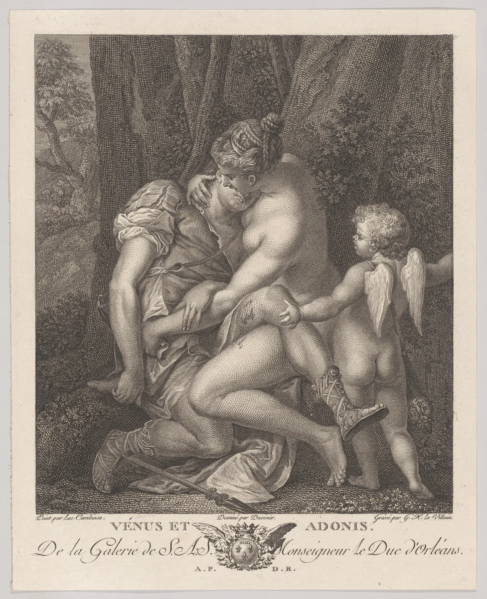 Venus mourning Adonis, seated beneath a tree and embracing him, with Cupid at right by Gérard Le Vilain, print, 1781-1791