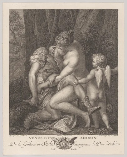 Venus mourning Adonis, seated beneath a tree and embracing him, with Cupid at right by Gérard Le Vilain, print, 1781-1791
