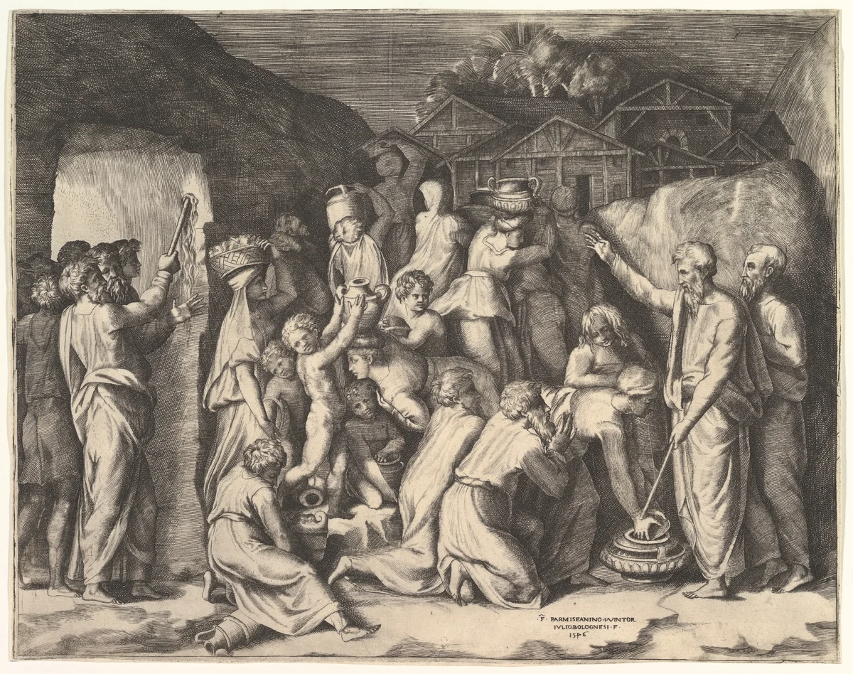 Moses Telling the Israelites to Gather the Manna and Moses Striking the Rock by Giulio Bonasone, print, 1530-1560