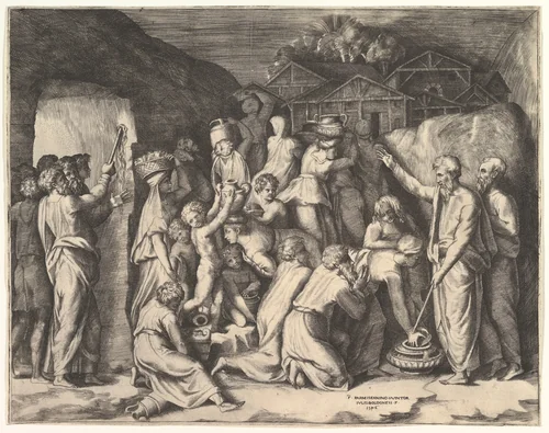 Moses Telling the Israelites to Gather the Manna and Moses Striking the Rock by Giulio Bonasone, print, 1530-1560