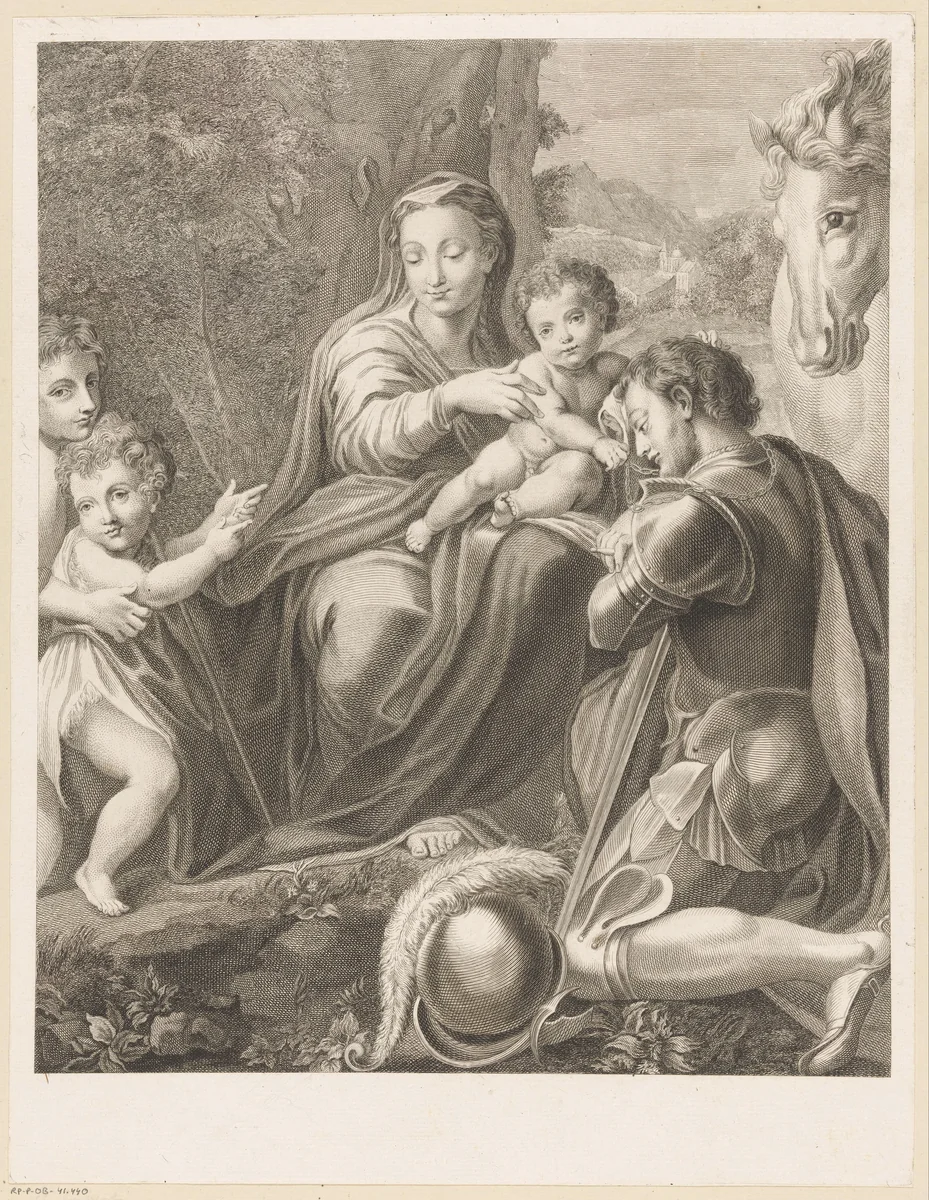Heilige Joris geknield voor Madonna met kind en Johannes de Doper by Michel Aubert, print, 1710-1757