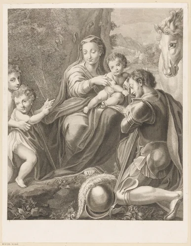 Heilige Joris geknield voor Madonna met kind en Johannes de Doper by Michel Aubert, print, 1710-1757