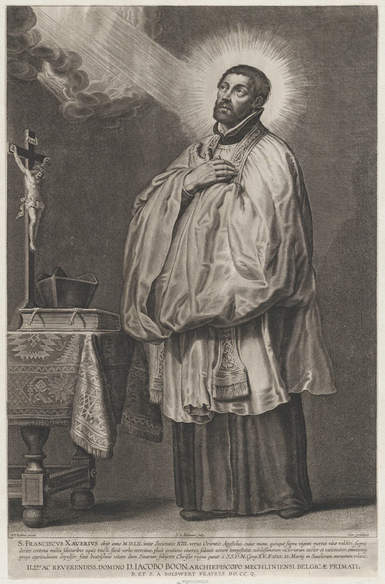 Saint Francis Xavier with a divine light emanating towards him from the upper left, with a crucifix, mitre, and book on a table at left by Schelte Adams Bolswert, print, 1618-1638