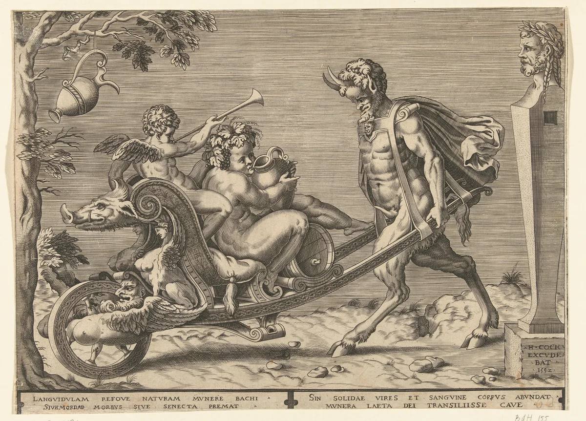 Bacchus als kind op een kruiwagen by Unknown, print, 1552