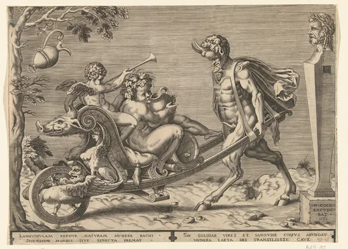 Bacchus als kind op een kruiwagen by Unknown, print, 1552