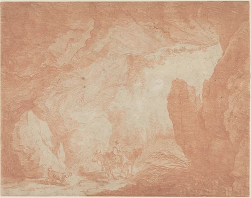 Young Woman with Donkeys Riding under a Natural Bridge by Hubert Robert, drawing, 1733-1808