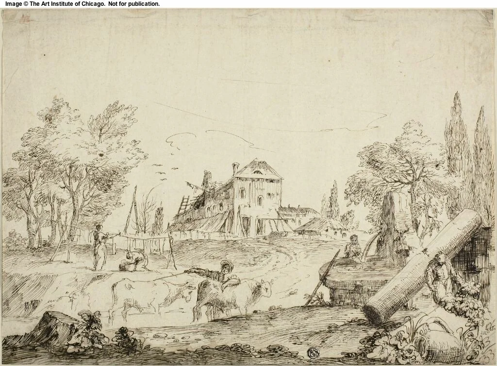 Farmyard Scene by Bernardo Zilotti or possibly Marco Ricco, drawing, 1700-1799