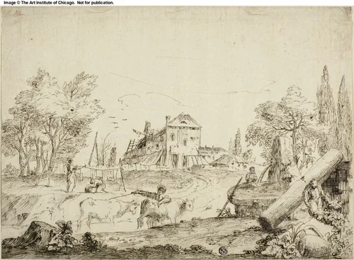 Farmyard Scene by Bernardo Zilotti or possibly Marco Ricco, drawing, 1700-1799