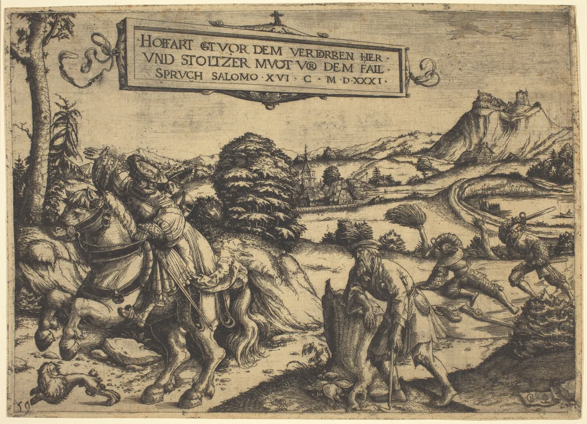 Allegory of "Pride Goeth Before Destruction...": A Gentleman and a Lady on Horseback by Christoph Bockstorfer; David Funck, print, 1531