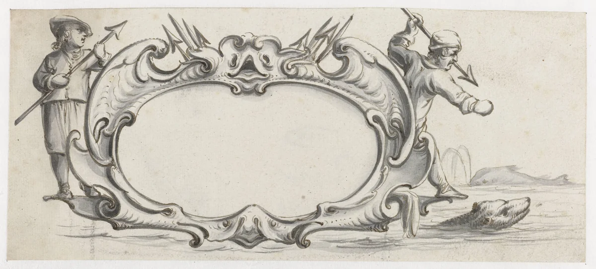 Cartouche met aan weerskanten een jager by Pieter Jansz, drawing, 1644-1649