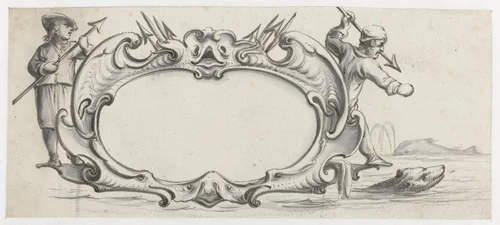 Cartouche met aan weerskanten een jager by Pieter Jansz, drawing, 1644-1649
