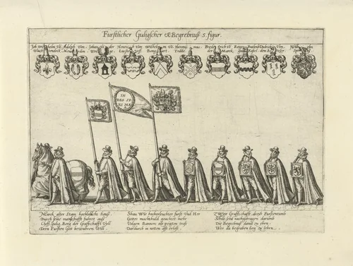 Begrafenisstoet met vaandel- en wapendragers by Unknown, print, 1592