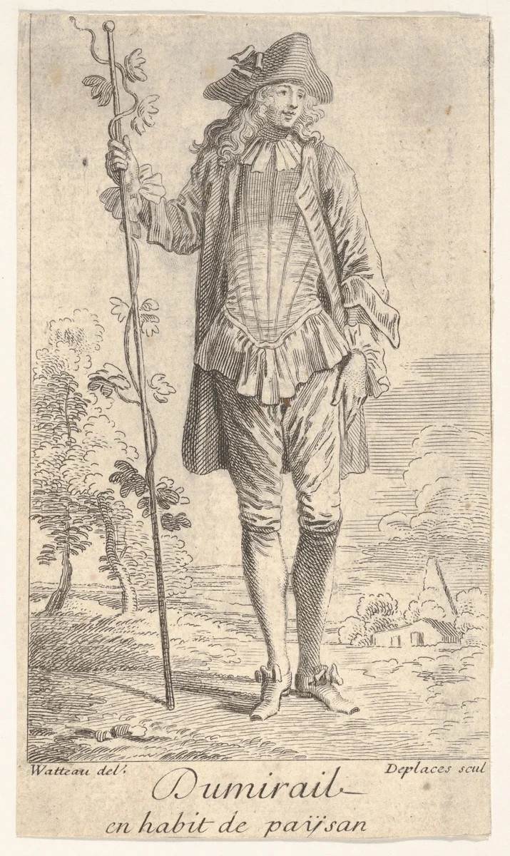 Man in tricorn hat and overcoat, shown in frontal view and holding a staff with a winding vine, landscape with trees beyond by Louis Desplaces, print, 1710-1739