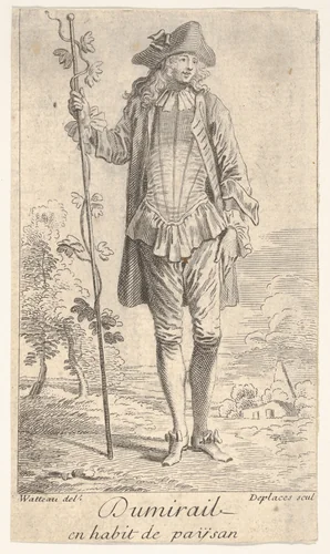 Man in tricorn hat and overcoat, shown in frontal view and holding a staff with a winding vine, landscape with trees beyond by Louis Desplaces, print, 1710-1739