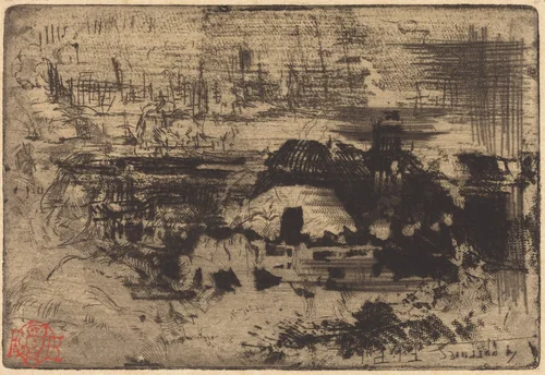 Chaumières anglaises (English Cottages) by Félix-Hilaire Buhot, print, 1879