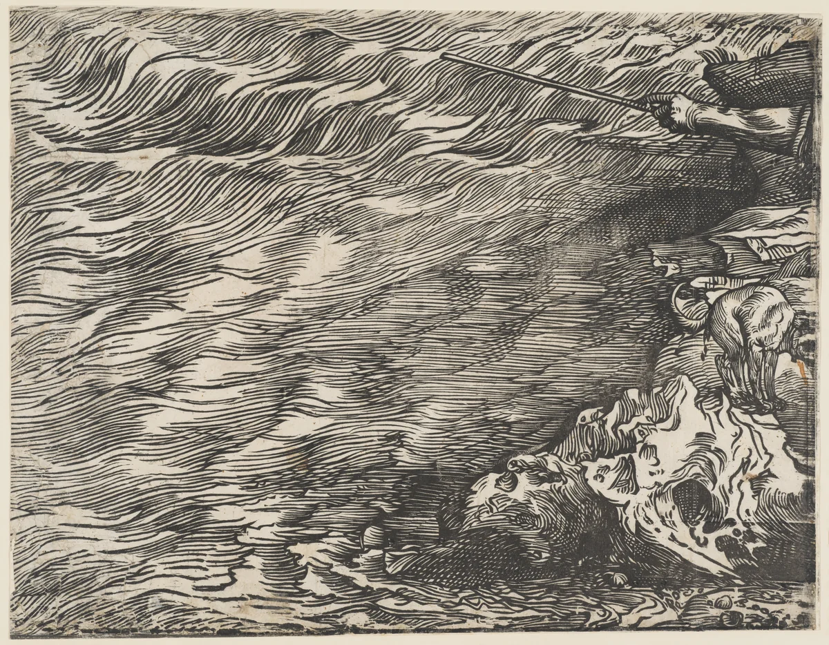 The Submersion of Pharoah's Army in the Red Sea, from twelve blocks: 'Block I, below Block H', showing the sea and a dog defecating by Titian, print, 1509-1519