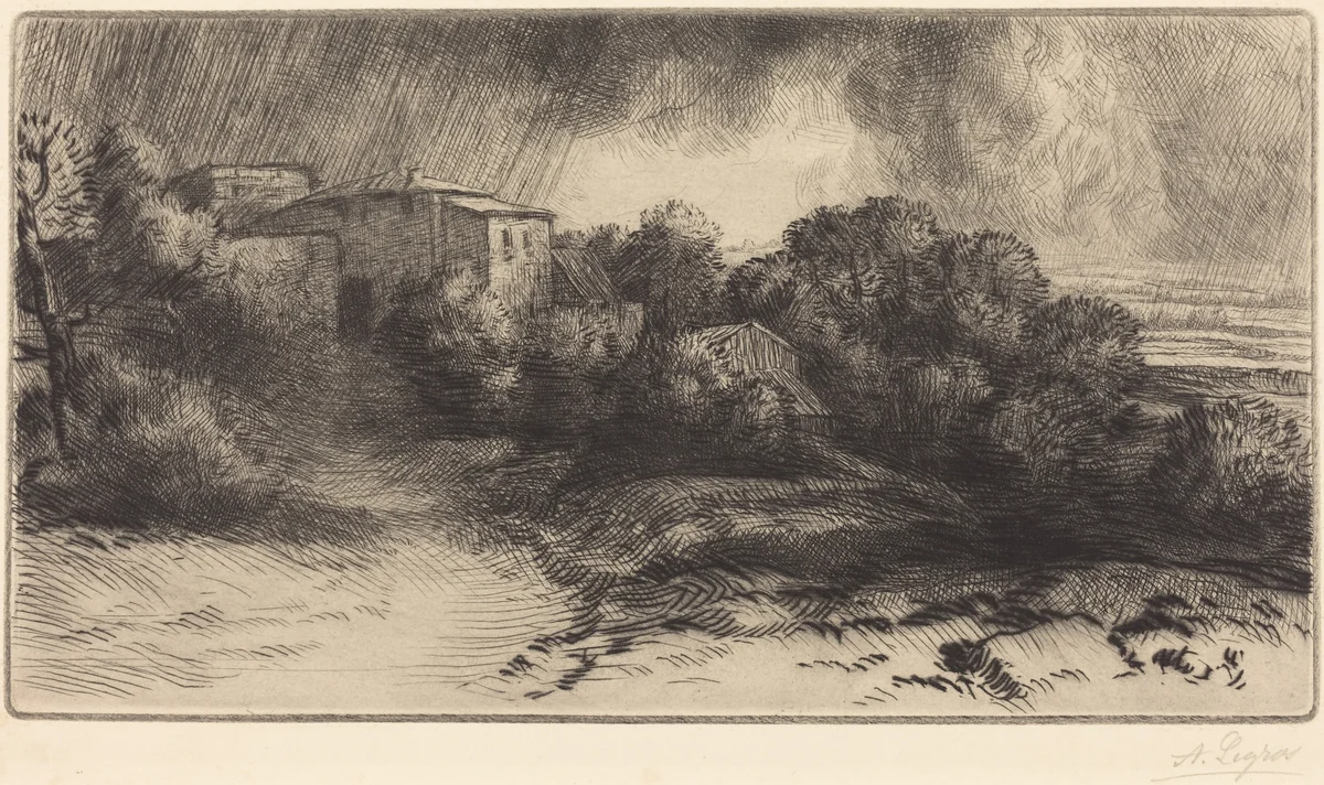 La Ferme de Brieux (Effect d'orage) (Farm at Brieux in a Storm) by Alphonse Legros, print, 1837-1911